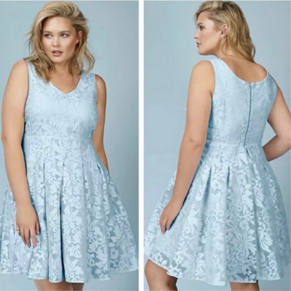 NWT Torrid Rebel Wilson Light Blue Brocade Sheer Lace Sleeveless Dress 14